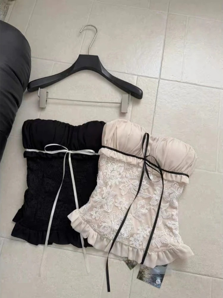 Women Sweet French Style Lace Camisole Summer Spicy Girl Slim Bow Ruffle Sleeveless Vest Y2k Harajuku Fashion Tops New