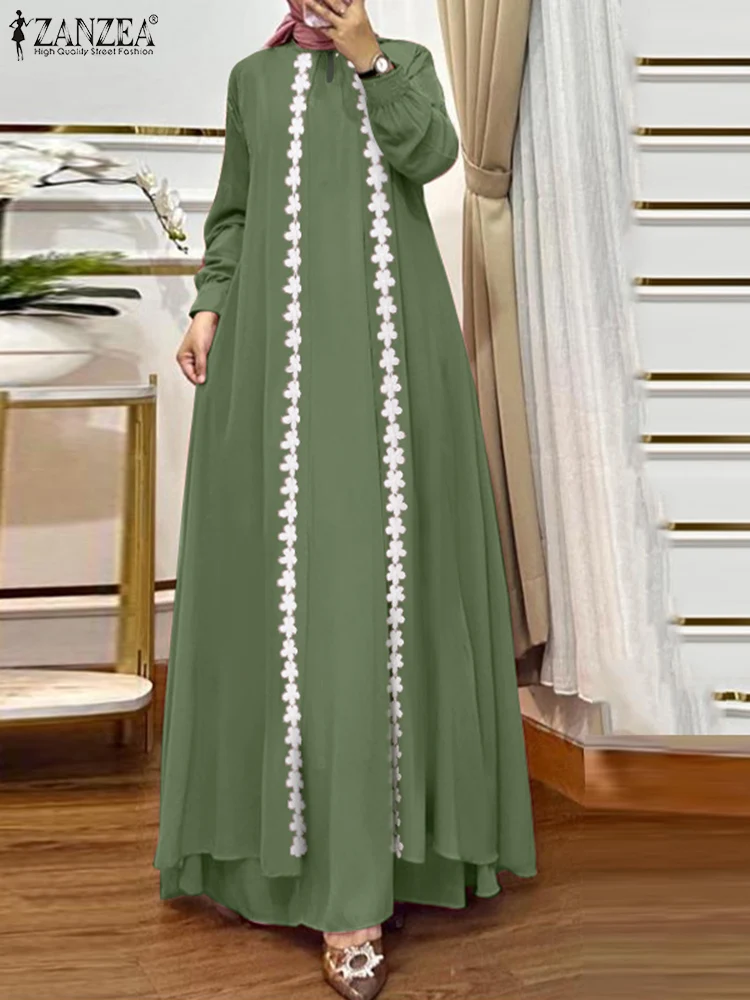 ZANZEA-Abaya muçulmana para mulheres, vestido maxi de manga comprida, vestido elegante, robe Dubai, roupas femininas, retalhos de moda