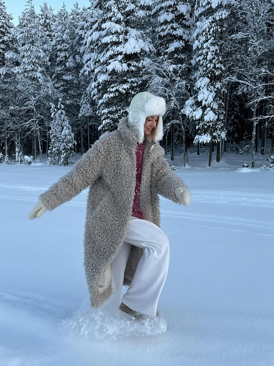 Gray Wool Faux Fur Shearling Long Coat for Women Winter 2025 Winter Fashion Trendy Teddy Maxi Coat Monki Curly Clean Fit Outwear