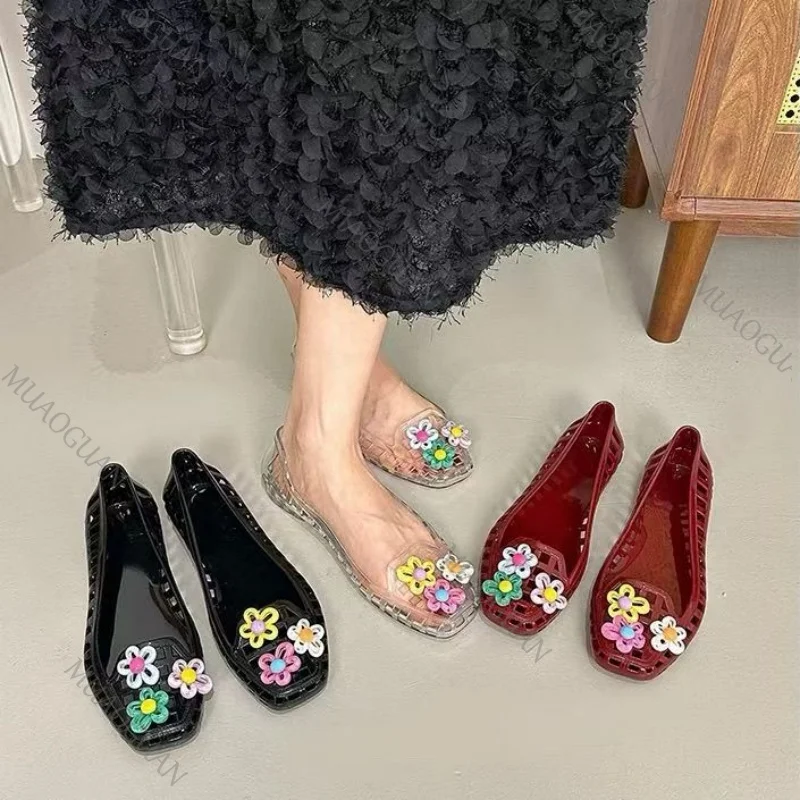 Transparent Crystal dopamine Sandals Causal Flower Jelly Summer Women's Shoes Flowers Accessories Jewelry Hollow Ballet Footwear view 3