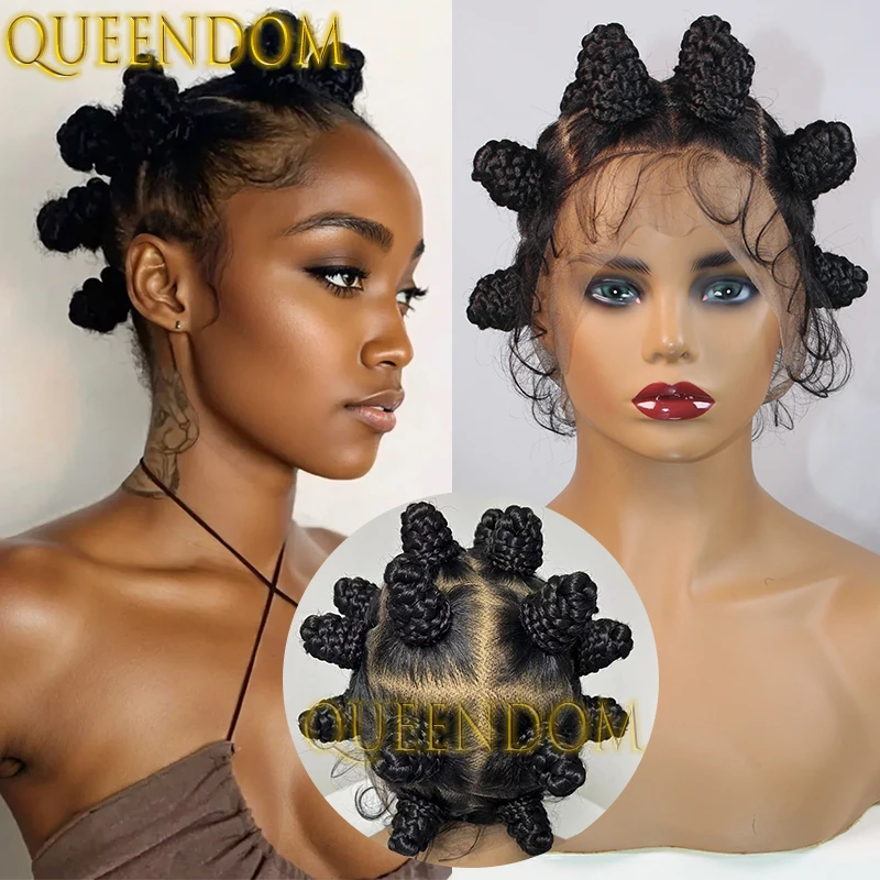 Full Lace Synthetic Bantu Knots Braid Wig 360 Lace Front Distressed Box Braids Wig Knotless Heat Resistant Crochet Braided Wigs