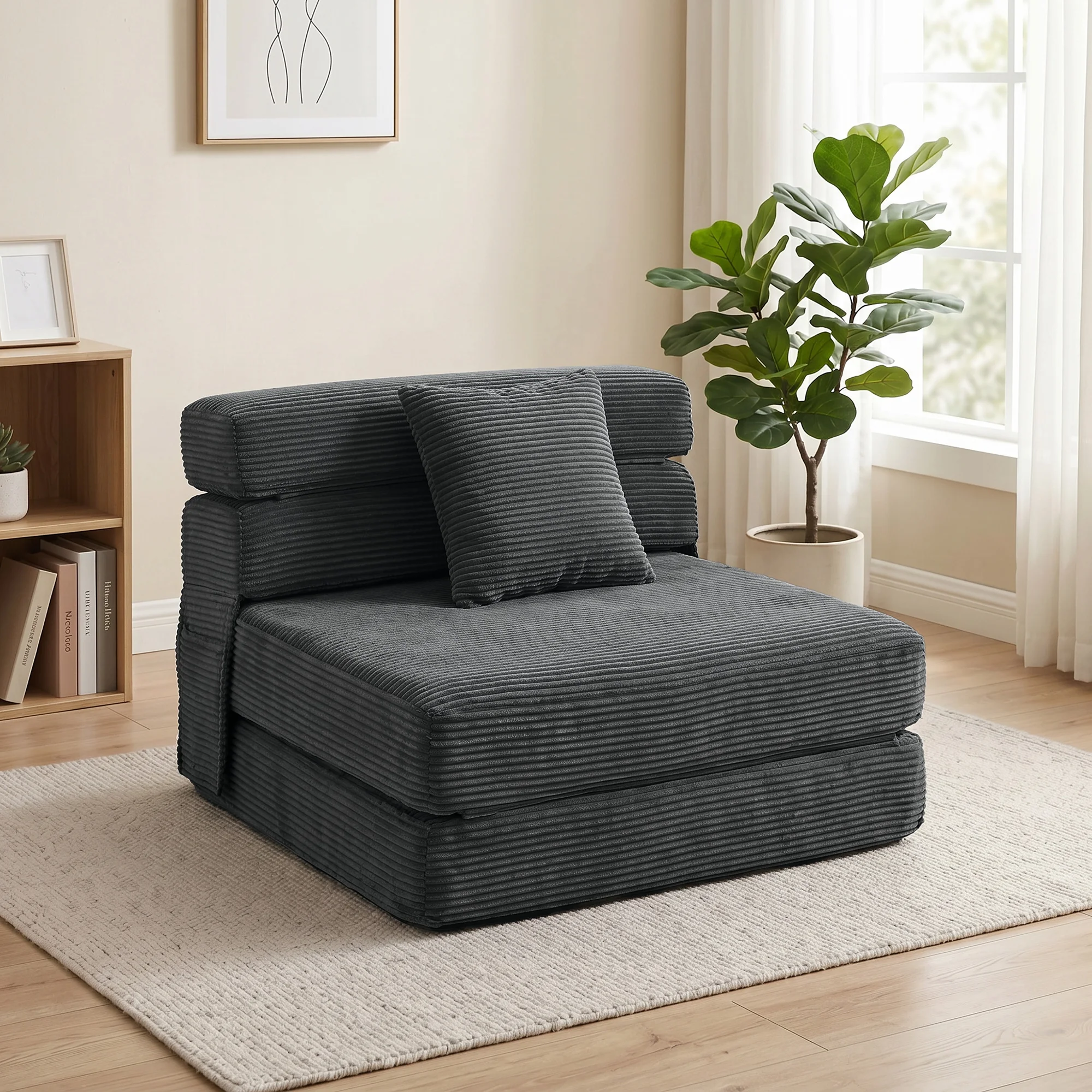 HOMCOM Schlafsessel 2 in 1 Klappbar Schlafsofa mit Schlaffunktion, Kissen, Komfortable Boneless Gästebett mit Cord-Optik, Seitentaschen, 100x193cm Bodensessel für Wohnzimmer, Schlafzimmer, Dunkelgrau