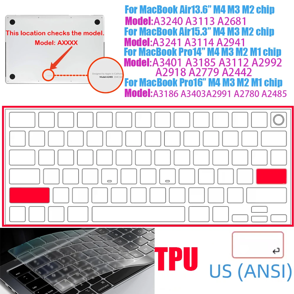 Klare, ultradünne TPU-Tastaturabdeckung für MacBook Air 13,6 13 Zoll M4 M3 M2 M1 Chip und Pro 14 13 15 16 Zoll EU- und US-Layout – Detail 18