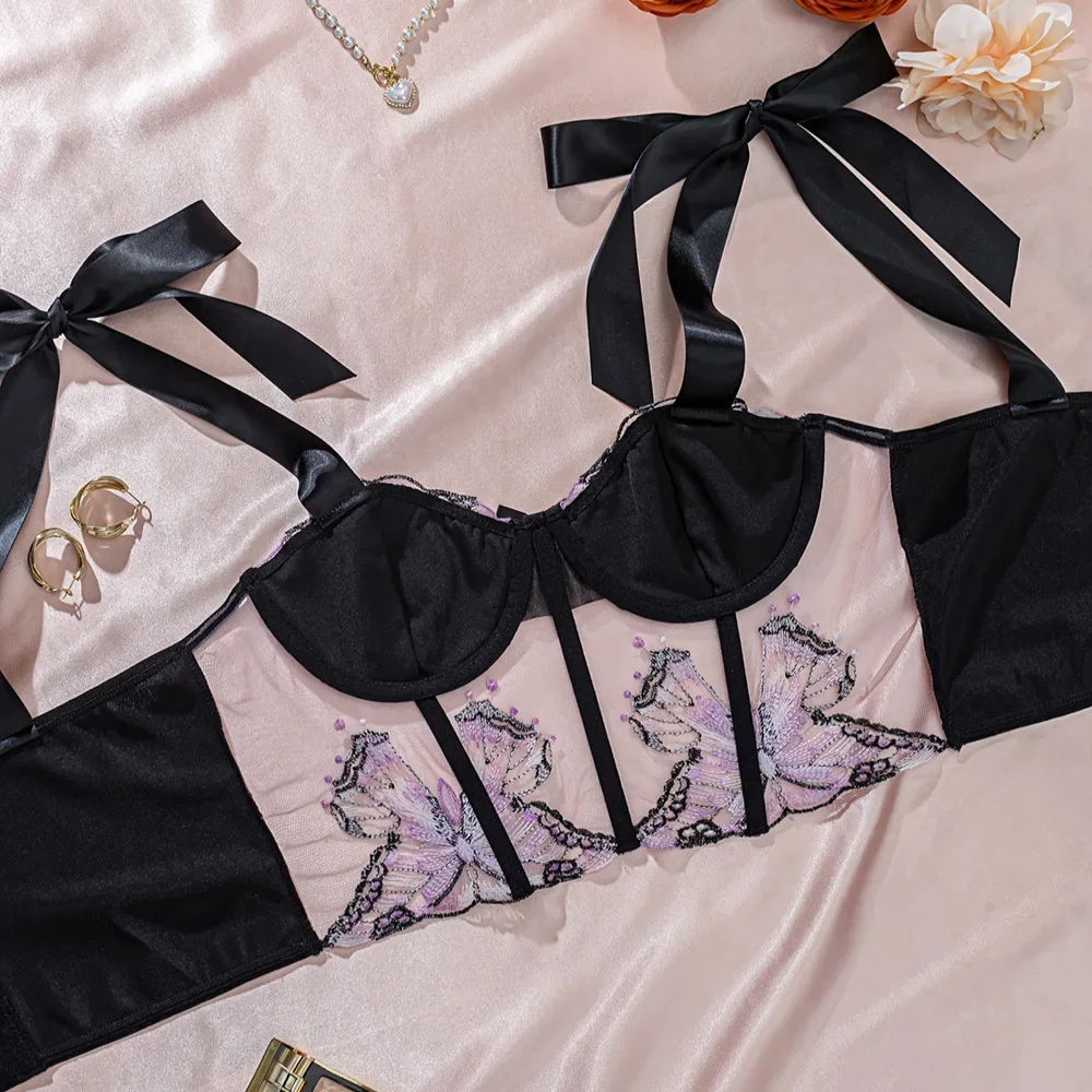 Exotic Tanks Elegant Steel Bones Butterfly Embroidery Camisole with Satin Straps Three-Row Buckle Short Crop Top