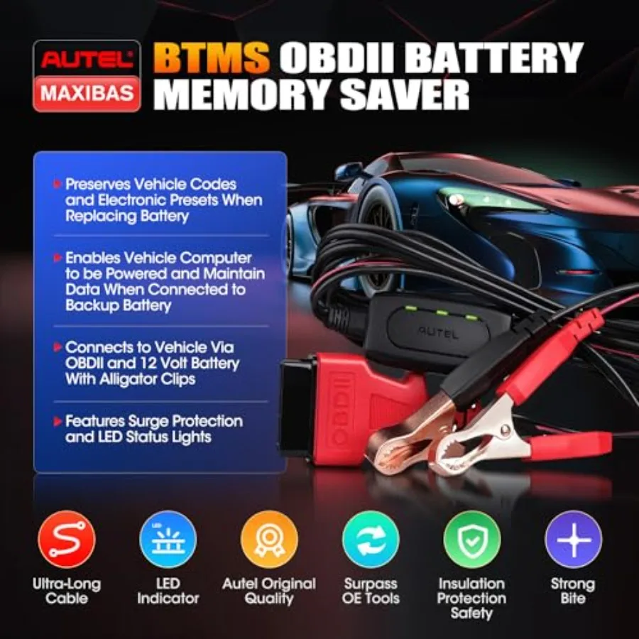 2025 MaxiBAS BTMS OBD2 Car Battery Tester with Memory Saver for Preserving Vehicle Data and Electronic Presets Surge Protection
