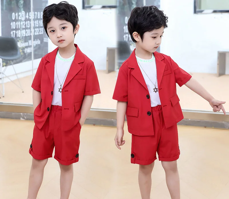 Boys Summer Royal Blue Suit Kids Jacket Shorts 2Pcs Photograph Suit Children Birthday Graduation Wedding Performance Party Dress