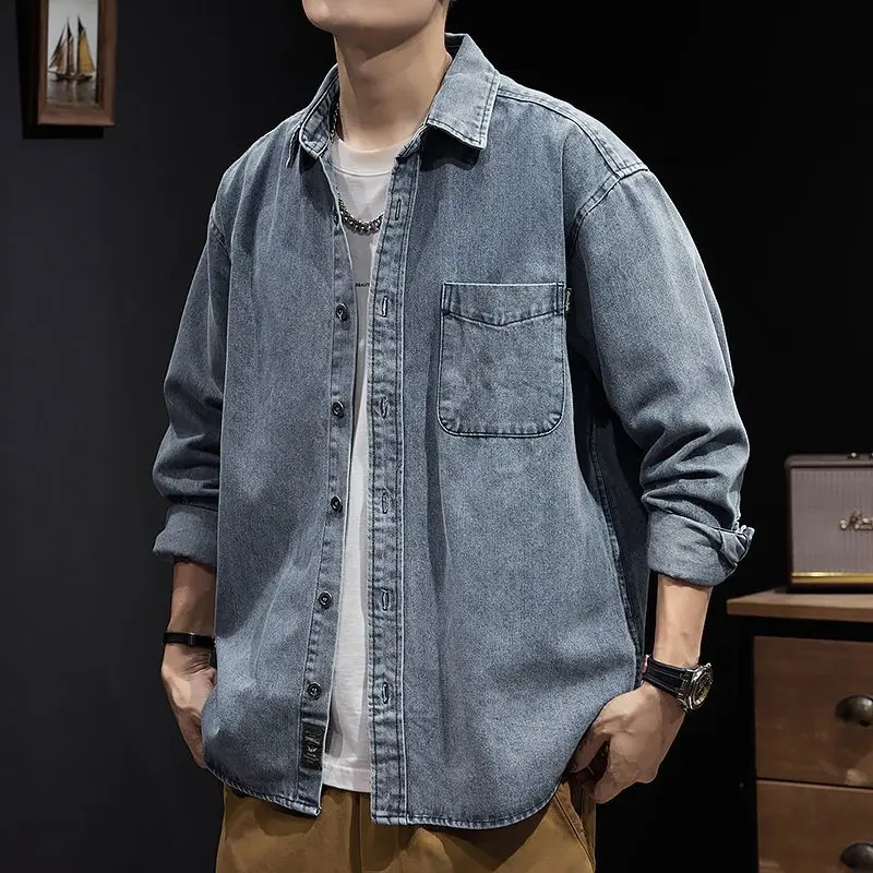 قميص دينيم رجالي ريترو جديد سترة عمل غير رسمية للربيع والخريف ملابس زرقاء بأكمام طويلة