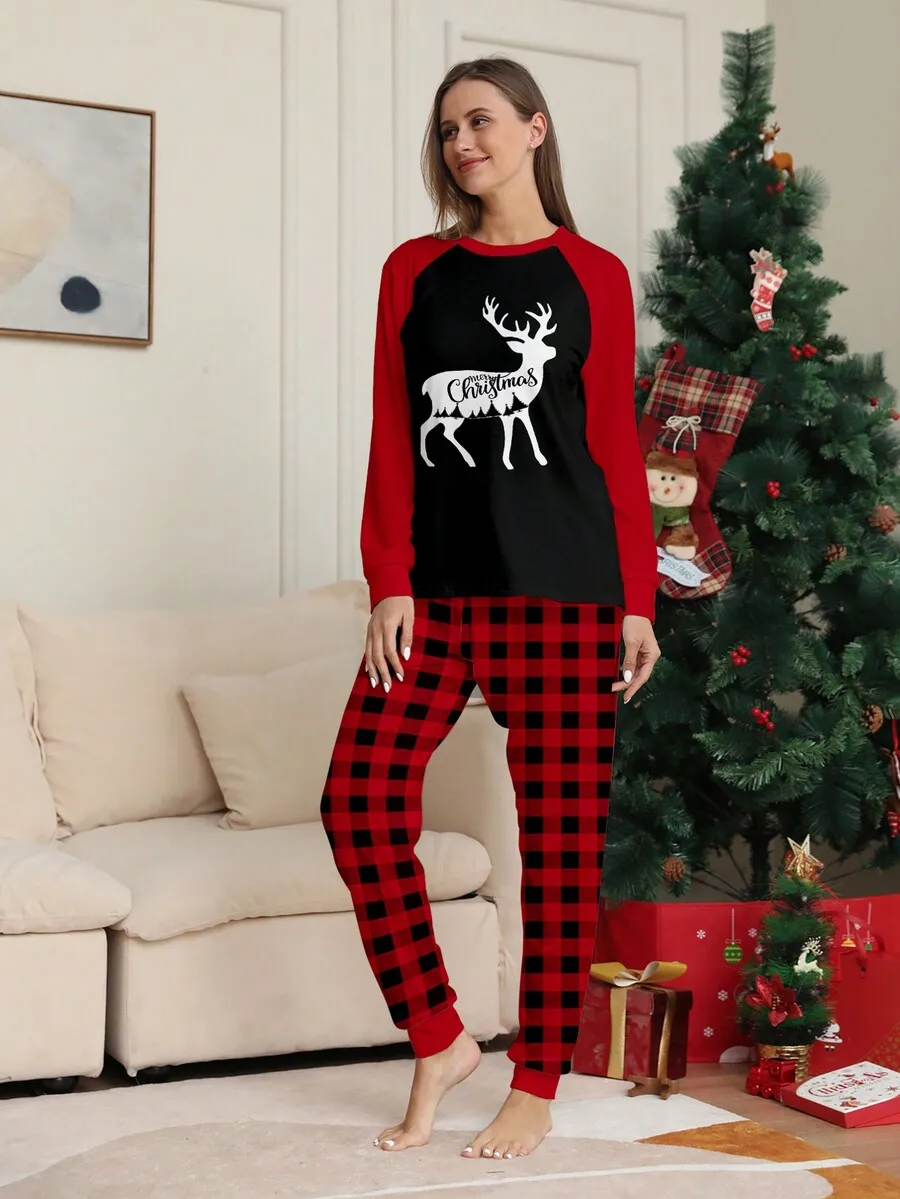 

Women Christmas Pajamas Set Red Raglan Sleeve Reindeer Print Top And Red Black Plaid Pants Sleepwear
