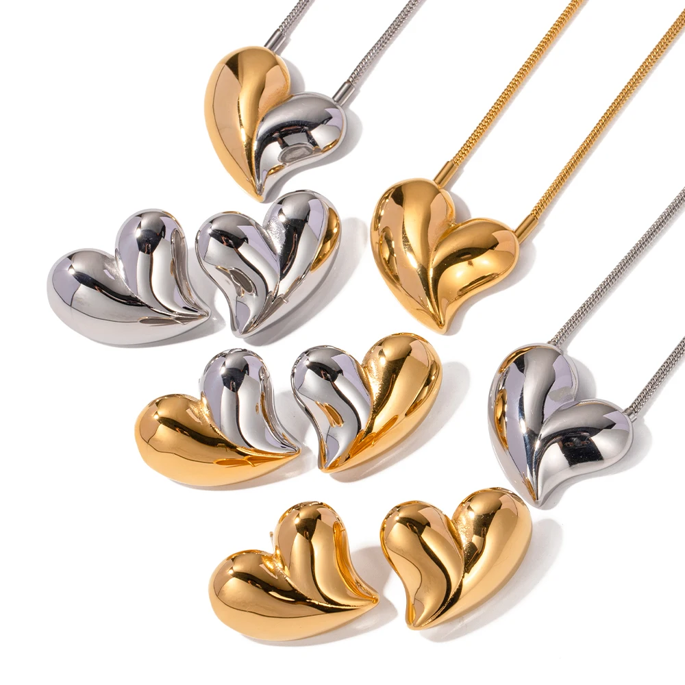 Uworld Stainless Steel Heart Pendant Necklace 18K PVD Gold Plated Metal Heart Stud Earring сережки женские Jewelry Office Waterp