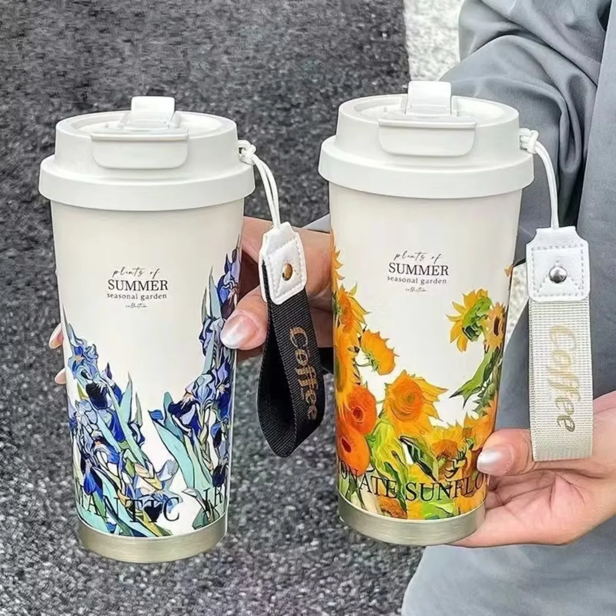 520ML Insulated Coffee Tumbler with Straw & Lanyard, 316 Stainless Steel Travel Coffee Mug Sunflower Print, Leakproof Double