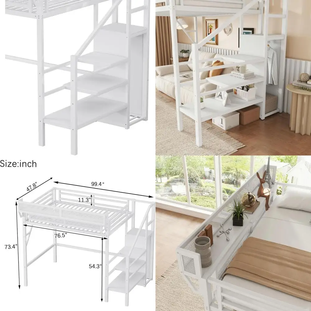 

White Twin XL Metal Storage Bed with Wardrobe, Stairs, and Guardrail - Kids Bedroom Furniture, No Box Spring Needed
