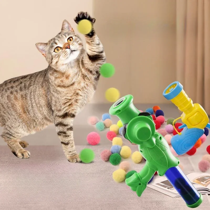 Cat Toy Plush Balls Launched Shooting Gun Cats Playing Stick Relaxation Interactive Fun Dog Toys Durable Silent Bullet