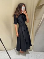 Elegant Belt Women Long Black Dress Full Sleeve Pleated Lapel Waist-Closed Female  A Line Dresses 2026 Spring Lady Robes New - Image 6