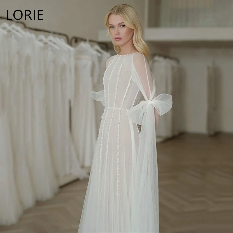 

LORIE Tulle A-Line Wedding Dresses Full Sleeves O-Neck illussion Elegent Bow Bridal Gown Floor-Length Bride Gowns Customized
