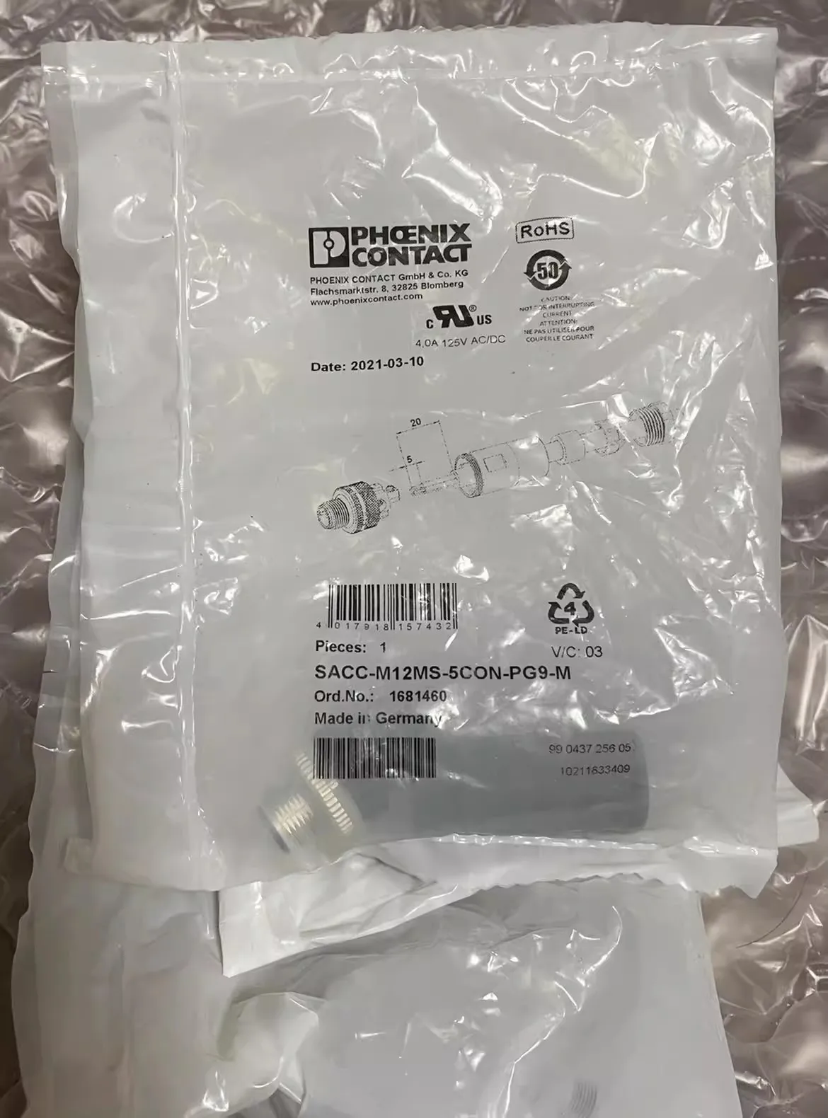 

4шт M12 5-жильный прямой разъем SACC-M12MS-5CON-PG9-M- 1681460