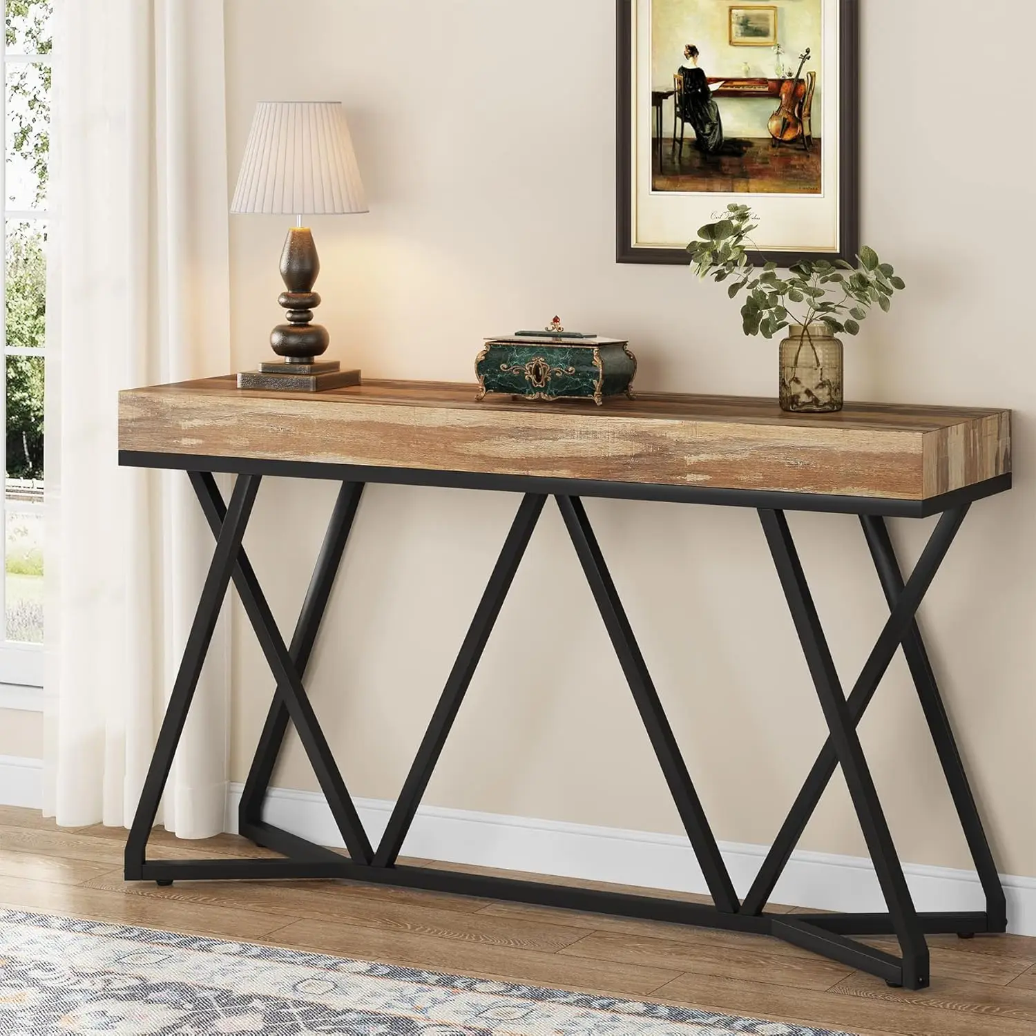 55 Inches Console Table, Farmhouse Sofa Wood Entryway Table with Unique Metal Base for Hallway, Living Room, Entrance