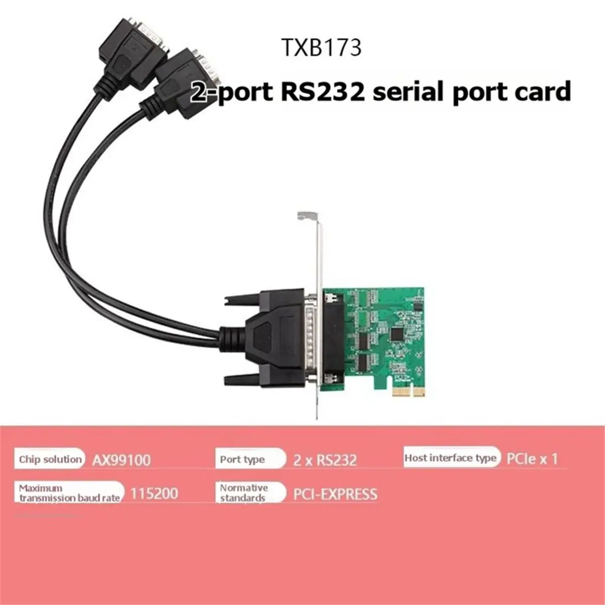 PCI Express Expansion Card PCI-E to 2-Port RS232 Serial Expansion Adapter PCIE Serial Port Card TXB173-PCIE-AX99100