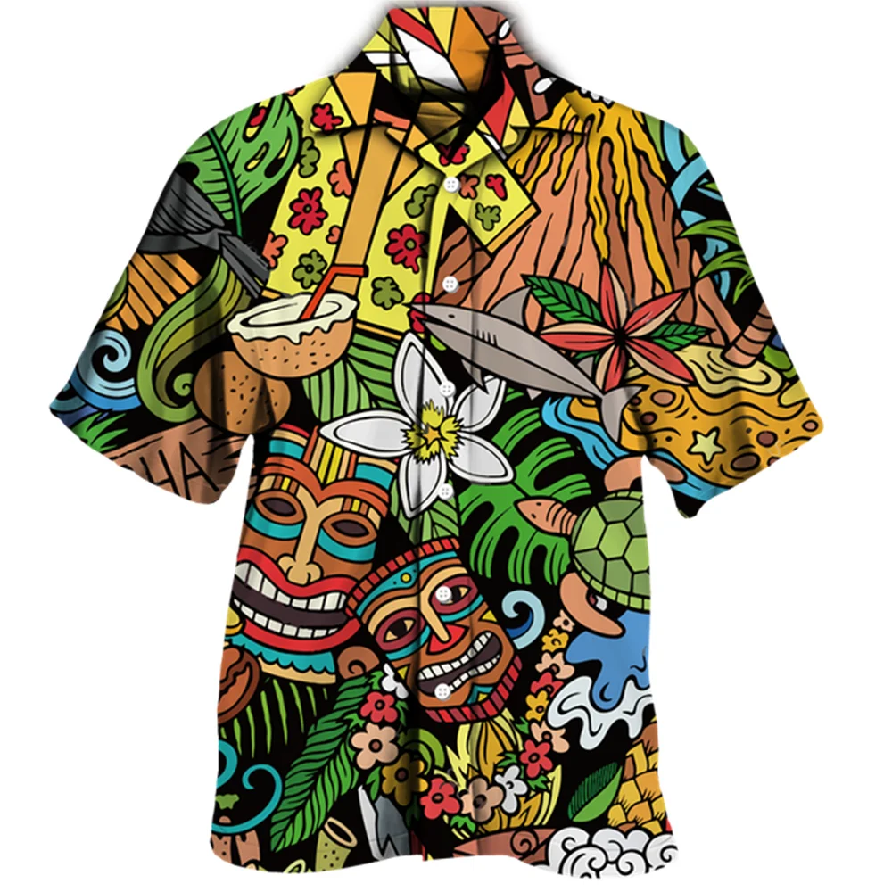 Hawaiiaanse Shirts Man Cubaanse Kraag Korte Mouw Tops 2022 Vintage Skull Fashion Heren Kleding Mayan Totem 3d Print Heren Shirts