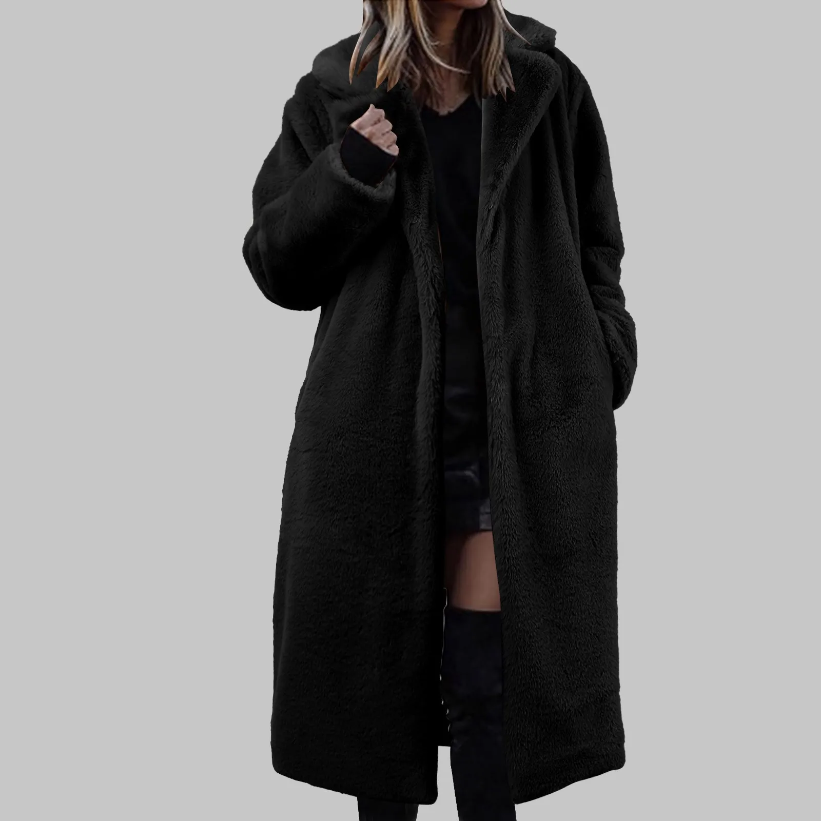 Womens Winter Warm Lapel Faux Fuzzy Coat Jacket Overcoat Mink Fleece Spliced Mid Length Coat Suit plus Raincoat Women