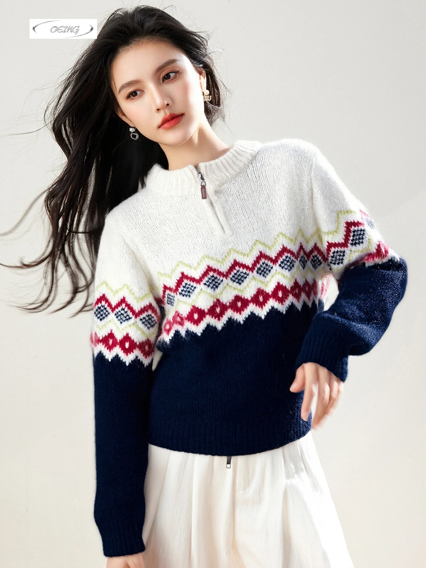 

Autumn Winter Women Jacquard Half Zipper Mock Neck Sweater Thick Knitted Pullover Loose Casual Elegant Tops Knitwear Jumper 9827