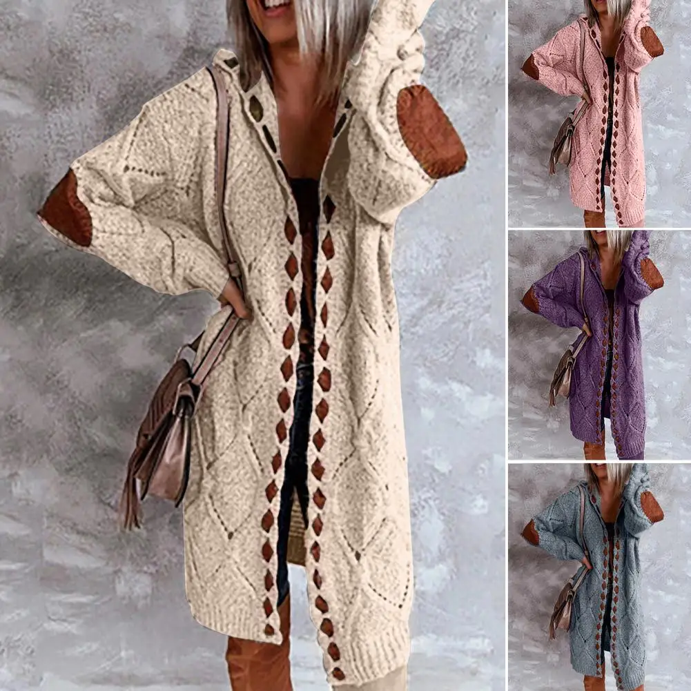 Vintage Cardigan Sweater Women Knitwear Fashion Patchwork Slim Hooded Winter Coat Ethnic Boho Long Cardigans