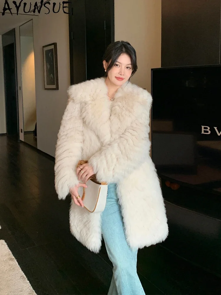 AYUNSUE Real Fox Fur Coat for Women 2023 Winter Autumn Elegant Mid-length Fur Jacket Luxury Fox Fur Coats Chaquetas Para Mujer