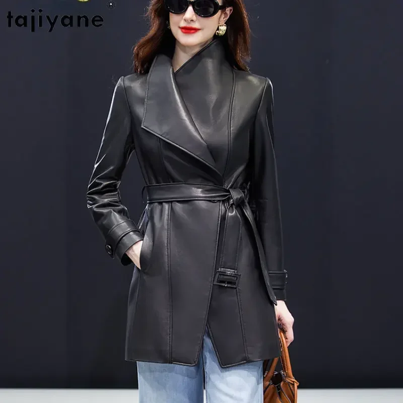 

Tajiyane Genuine Sheepskin Leather Jacket Women 2023 Mid-length Real Leather Coat Elegant Black Leather Jackets Lace-up Outwear