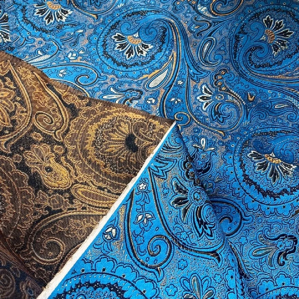 Pipa woven brocade jacquard fabric, navy blue, large European flower border ethnic fabric view 4