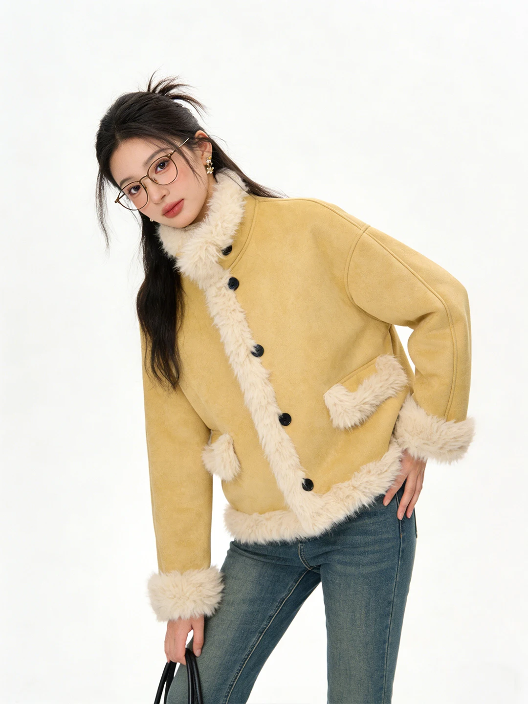 Korean Style Suede Double-Sided Wear Soft Warm Fleece Lined Stand Collar  Coat for Women Fashionable Anti-Aging