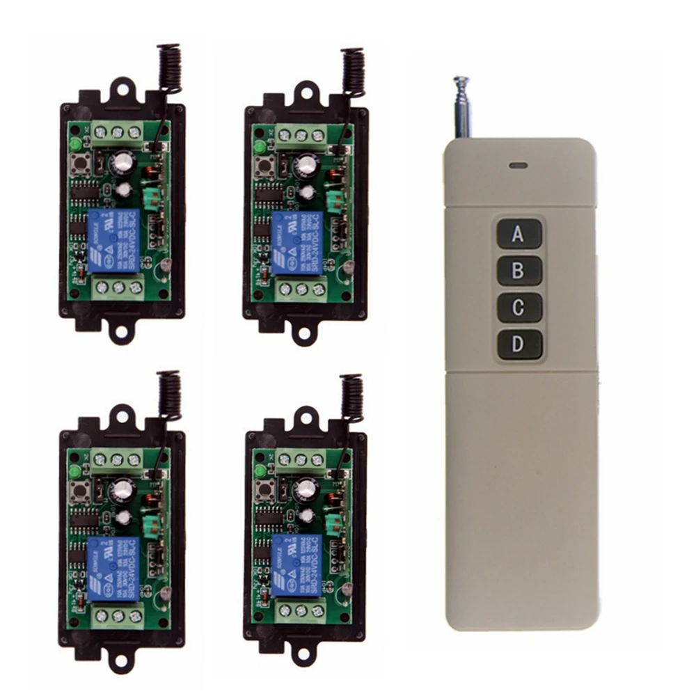 Push Button Switch DC 9V 12V 24V 1CH RF Wireless Remote Control Headlights Access Lock Horn Fan Four Sets Of 1 Channel Receiver