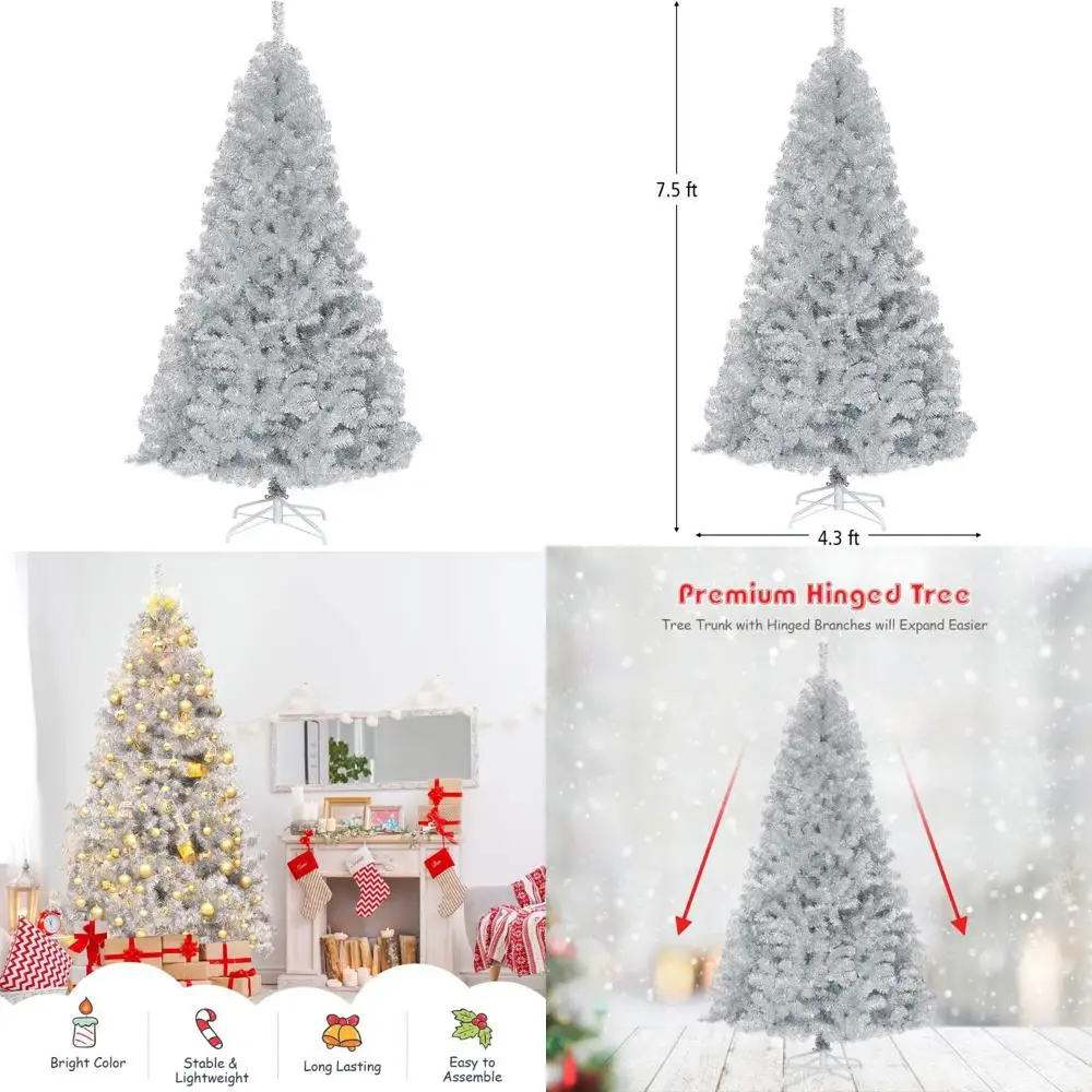 

7,5-футовая искусственная рождественская елка из ПВХ на петлях, неразветная, полная, металлическая подставка, серебро, 100% новый материал, декор рождественской елки