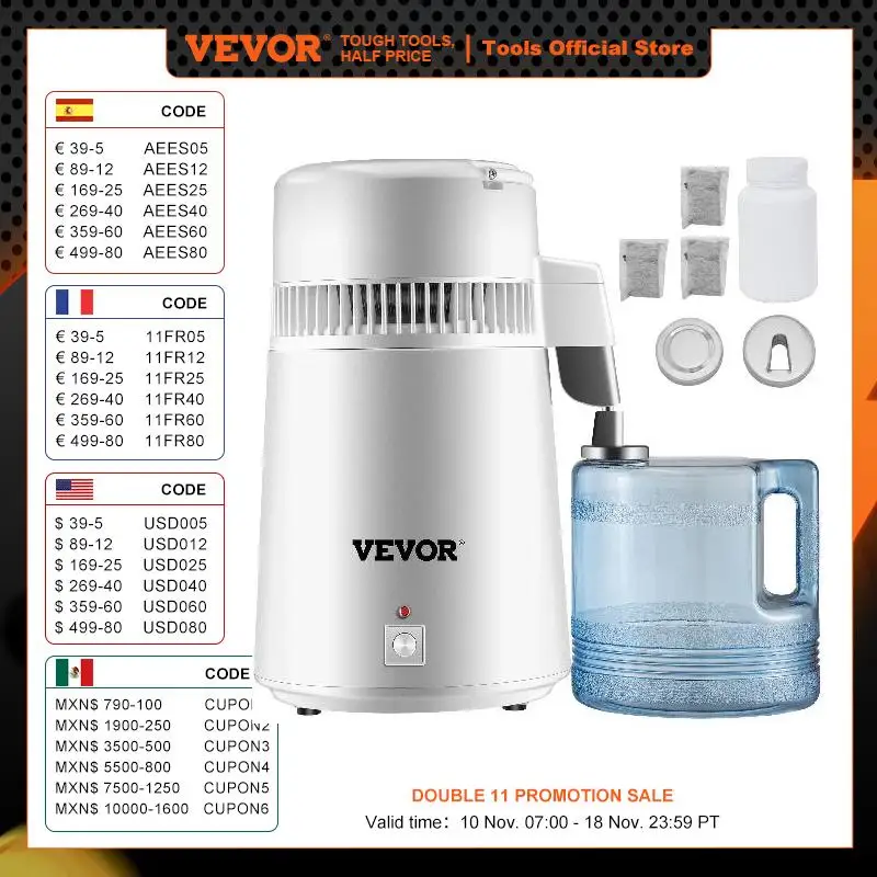VEVOR 4L Water Distiller Purifier Filter Dispenser Heating Drinking Bottle Softener 304 Stainless Home Appliance for Office Use