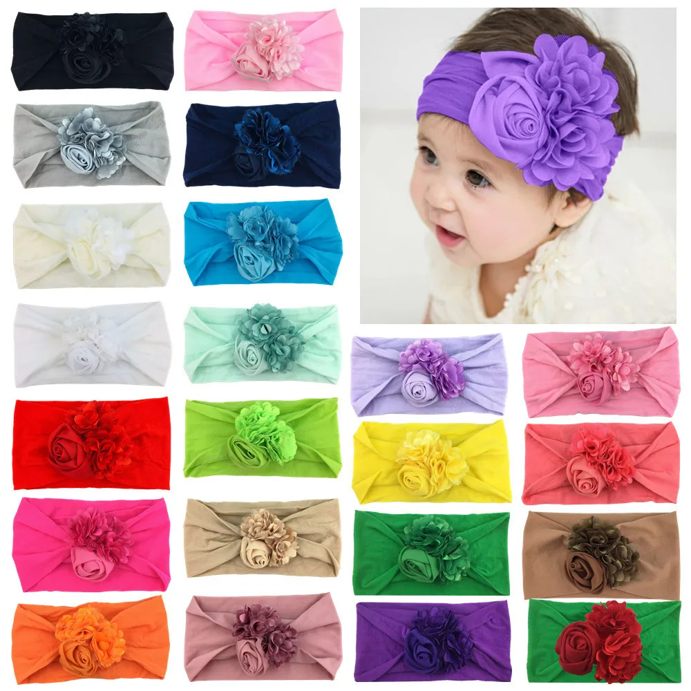 

100pcs Hot Selling Soft Nylon Headband Chiffon Flower Wide Headband Fashion Kids Combo Headwear In Stock Direct Wholesale