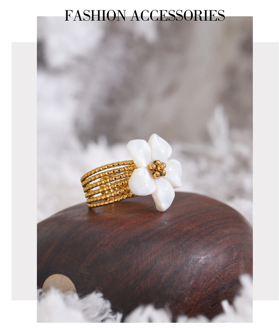 Yhpup Thicker Natural Shell Flower Open Gold Color Ring Fashion Stainless Steel Stylish Exquisite Waterproof Finger Jewelry