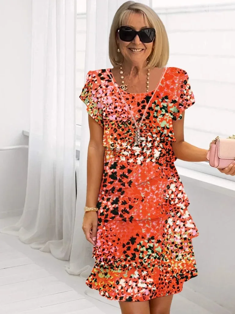 2025 primavera chique floral impressão chiffon vestido mulher elegante tripulação pescoço em camadas vestido plissado verão manga curta a linha vestido de festa