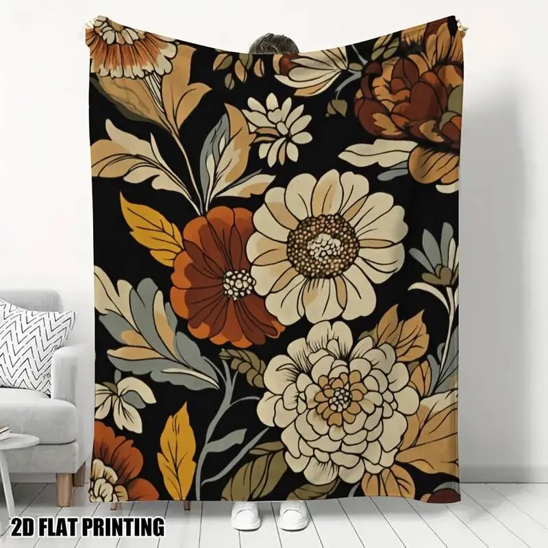 Vintage Floral Pattern Throw Blanket - Warm Earth Tone Botanical-Themed Soft Blanket for Elegant Cozy Decor