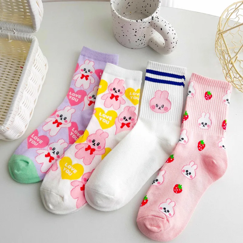 Japanese Cotton Rabbit Strawberry Love Illustration Cute Girl Cartoon Mid tube Socks Korean