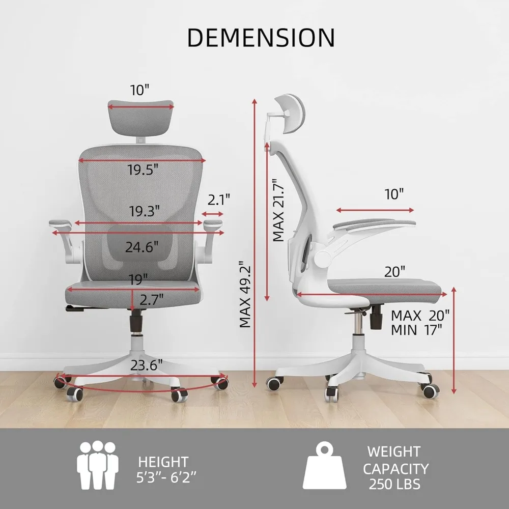 Rockable Swivel Computer Chair Grey Mesh Chair for Home Office Desk Chairs With Lumbar Support 3D Headrest and Flip Up Arms