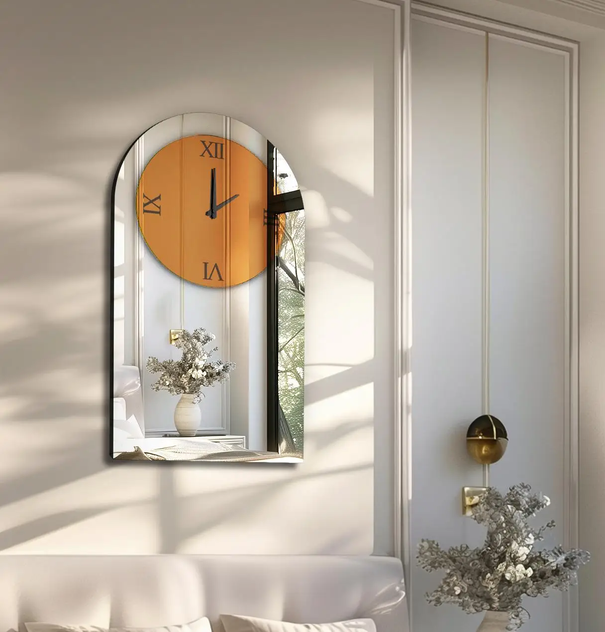 Modern Arched Mirrored Wall Clock Silver Glass Roman Numerals Decorative Clock for Living Room Bedroom