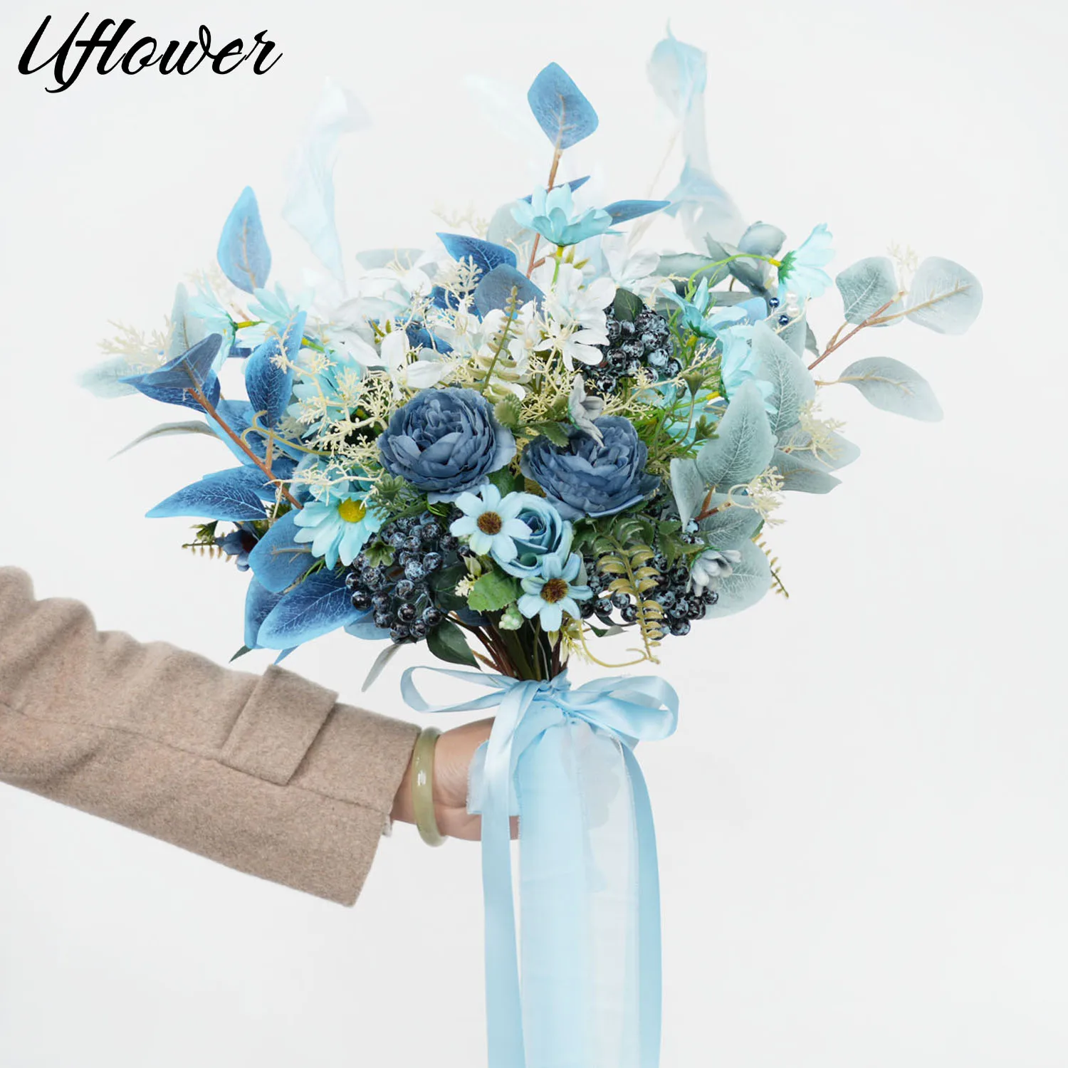 

Uflower Bridal Flower Bouquet Wedding Supplies Artificial Flower Blue Silk Rose Flower Wedding Bouquet Dahlia Orchid Bouquets