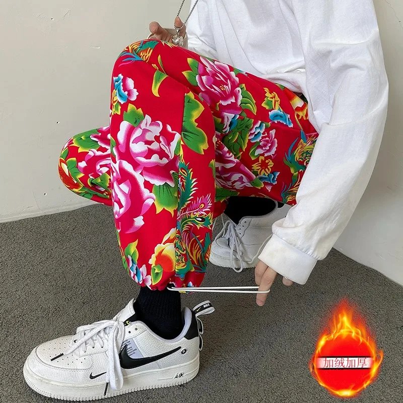 2024 Chinese Vintage Cotton Trousers Men National Flower Printing Harajuku Harem Pants Casual Loose Retro Pants Plus M-XXXXXL