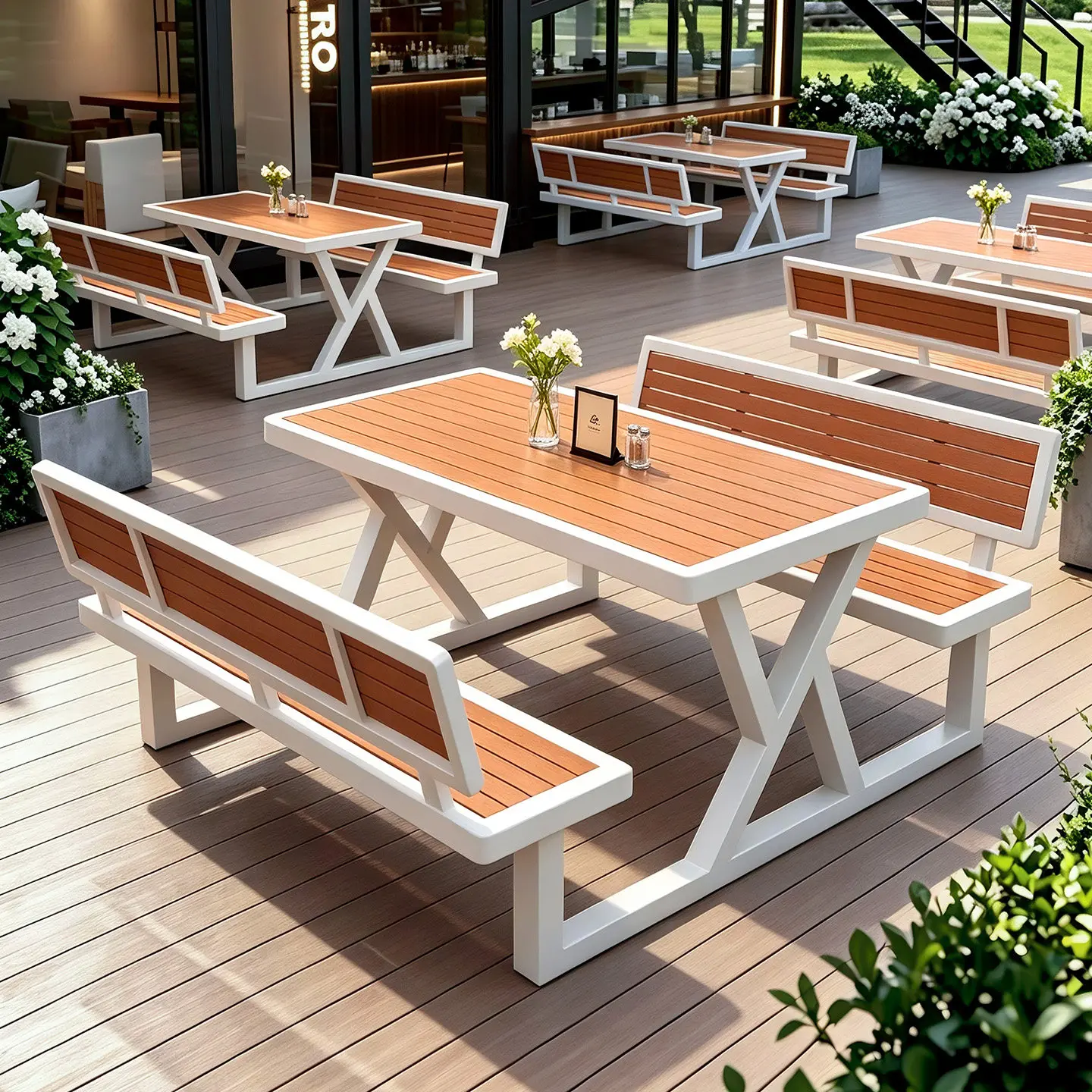 Outdoor shopping mall rain and sun protection B & B tables and chairs furniture outdoor solid wood cages