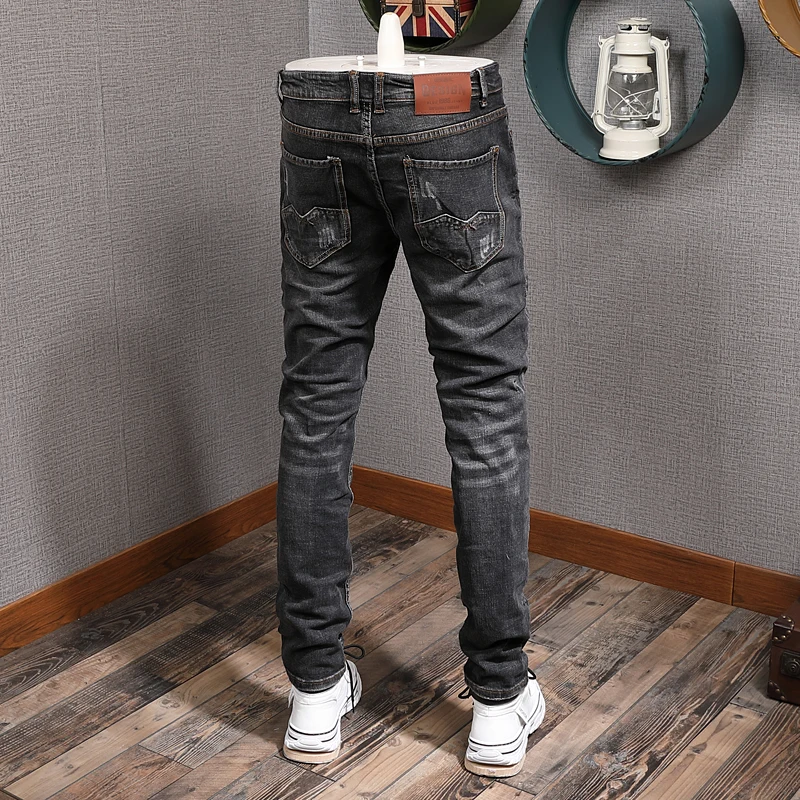 Italian Style Fashion Men Jeans High Quality Retro Black Gray Elastic Slim Fit Ripped Jeans Men Vintage Designer Denim Pants
