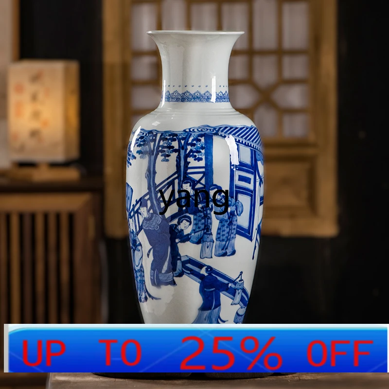 lmm Jingdezhen pure hand-painted, antique blue and white porcelain figure vase new Chinese flower arrangement decoration