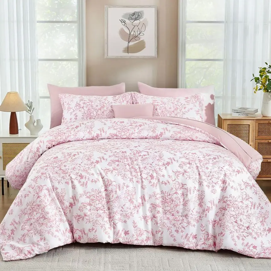 

Queen Size Comforter Set, 8 Pieces Pink Floral Bed in a Bag Comferter Sets, Botanical Print Soft Fluffy Microfiber Complete Bedd