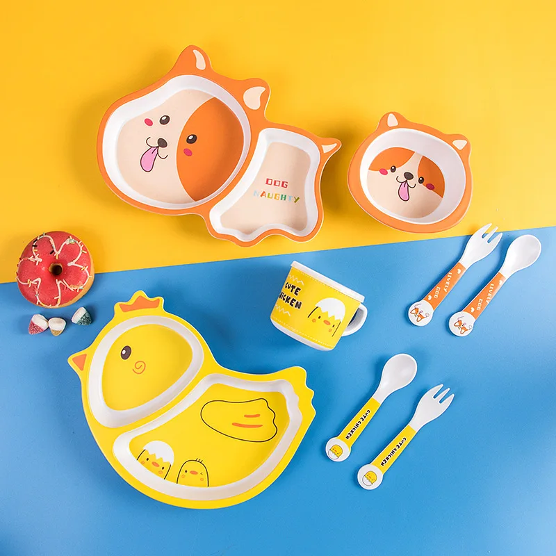 Cute Cartoon Chicken Bamboo Fiber Tableware Set - Plate, Bowl, Fork, Spoon for Home Use, Kids Toddlers Meals, Baby Weaning, Dail view 6