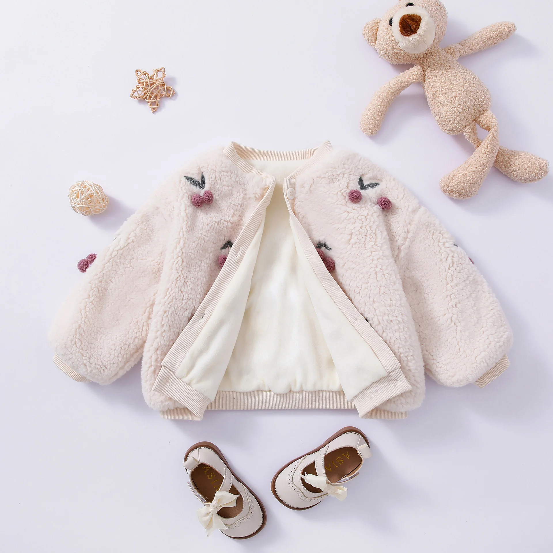 Fashion Baby Girl Cherry Embroidery Fleece Jacket Infant Toddle Child Lamb Like Coat Autumn Winter Knitwear Baby Clothes 7M-5Y