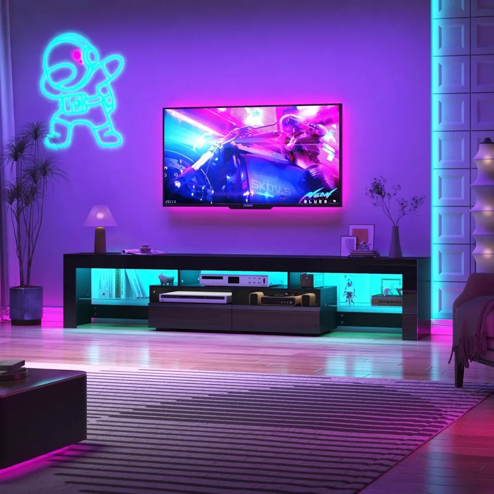 Meuble TV moderne pour téléviseurs de 85 à 95 pouces – Centre de divertissement noir brillant pour le salon