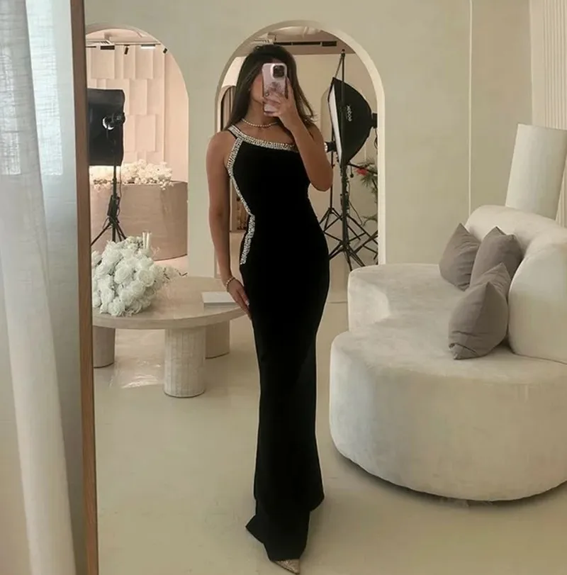 Modern Black Evening Party Dress One Shoulder Crystal Beads Mermaid Prom Formal Gowns Banquet Dresses Robe De Soiree