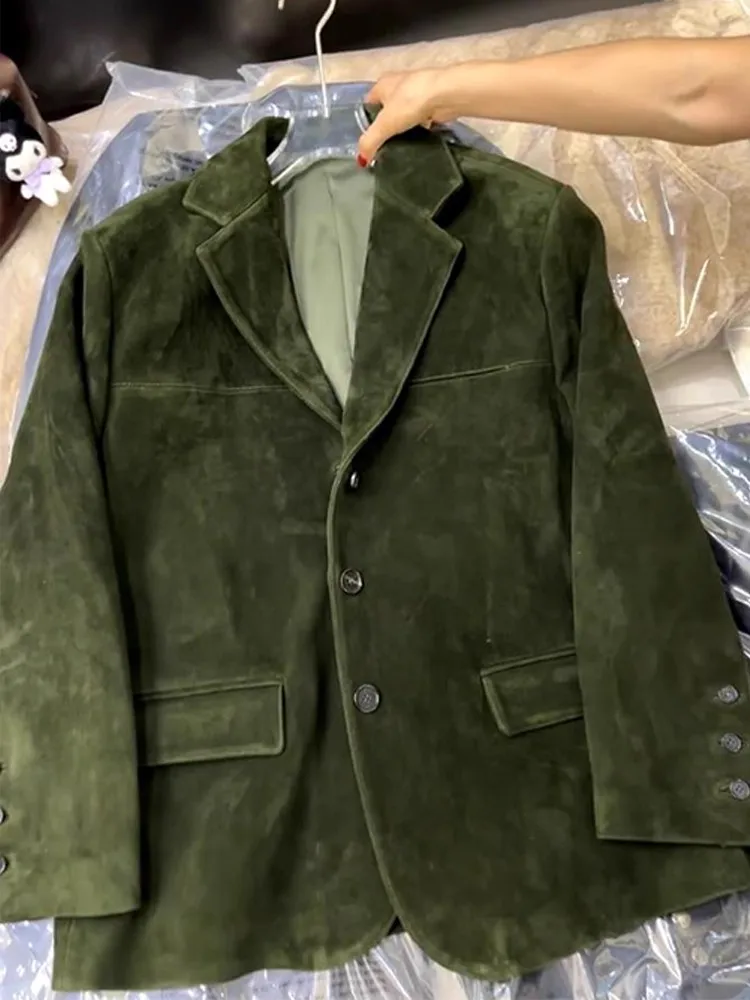 سترة كلاسيكية فضفاضة مناسبة للخريف للسيدات من جلد الغزال الصناعي سترة واحدة الصدر بأكمام طويلة ملابس خارجية غير رسمية سترات هاراجوكو للسيدات #4